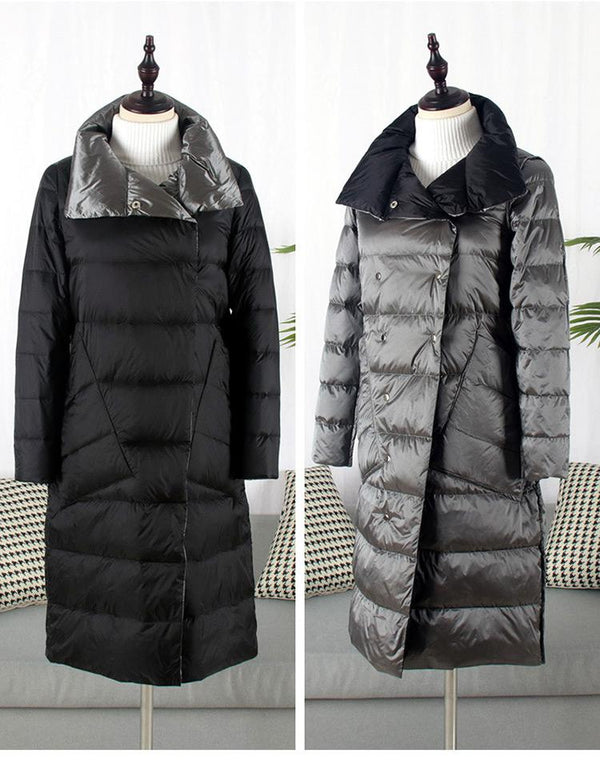 FTLZZ Duck Down Jacket Women Winter Long Double Sided Plaid Coat Female  Warm Down Parka Slim Outwear