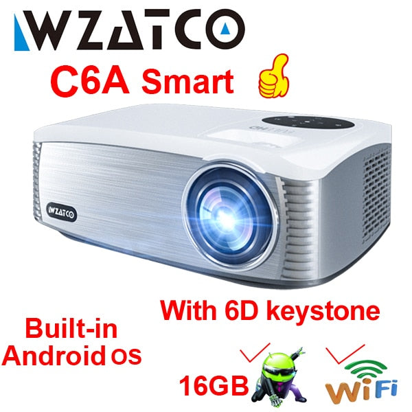 WZATCO New C6 300inch Android 9.0 WIFI Full HD 1920*1080P LED Projector Video Proyector Home Theater Cinema Smart Phone Beamer