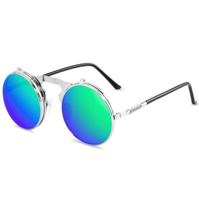 Vintage Steampunk Flip Sunglasses Retro Round Metal Sun Glasses