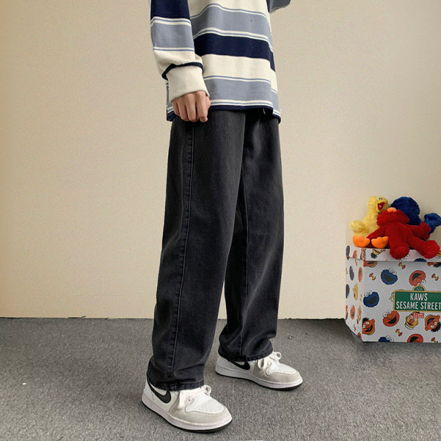2021 Autumn New Streetwear Baggy Jeans Men Korean Fashion Loose Straight Wide Leg Pants