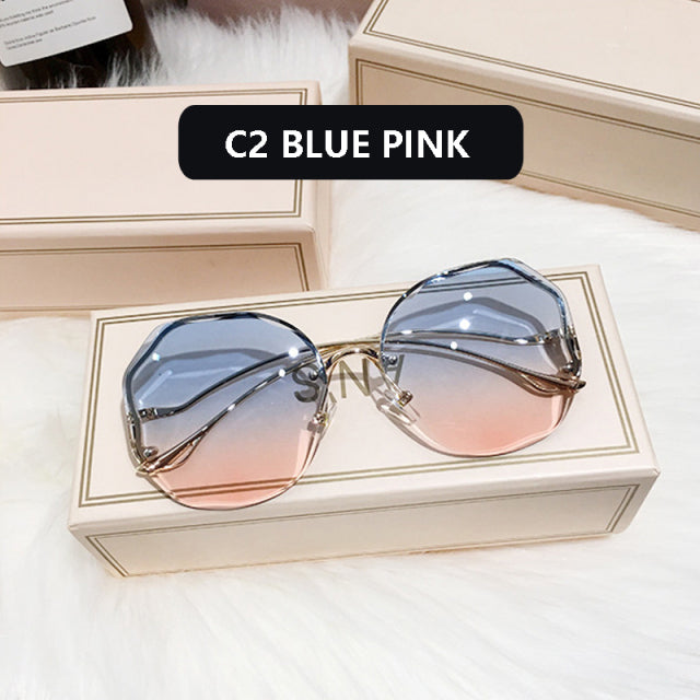 2022  Fashion Tea Gradient Sunglasses Women Ocean Water Cut Trimmed Lens Metal Curved Temples Sun Glasses Female UV400